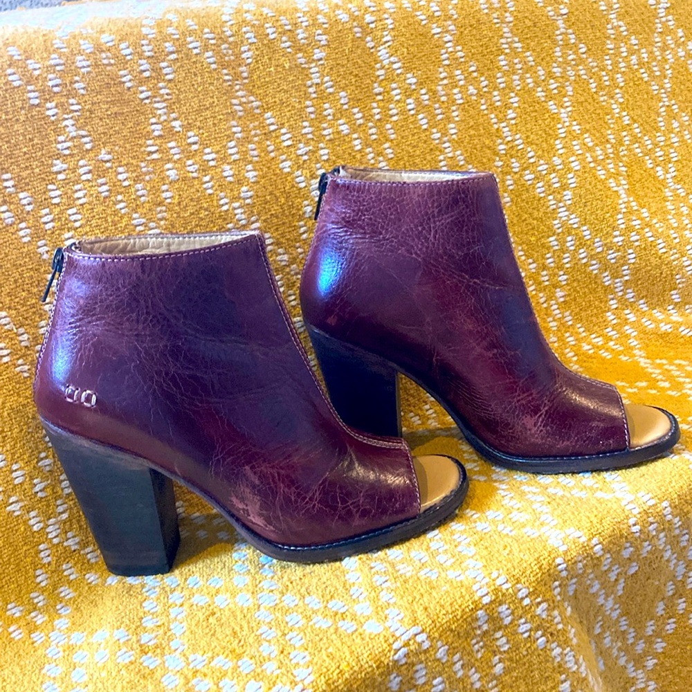 Bed Stu Onset Leather Peep Toe Heeled Booties, Size 9, Cognac Rustic